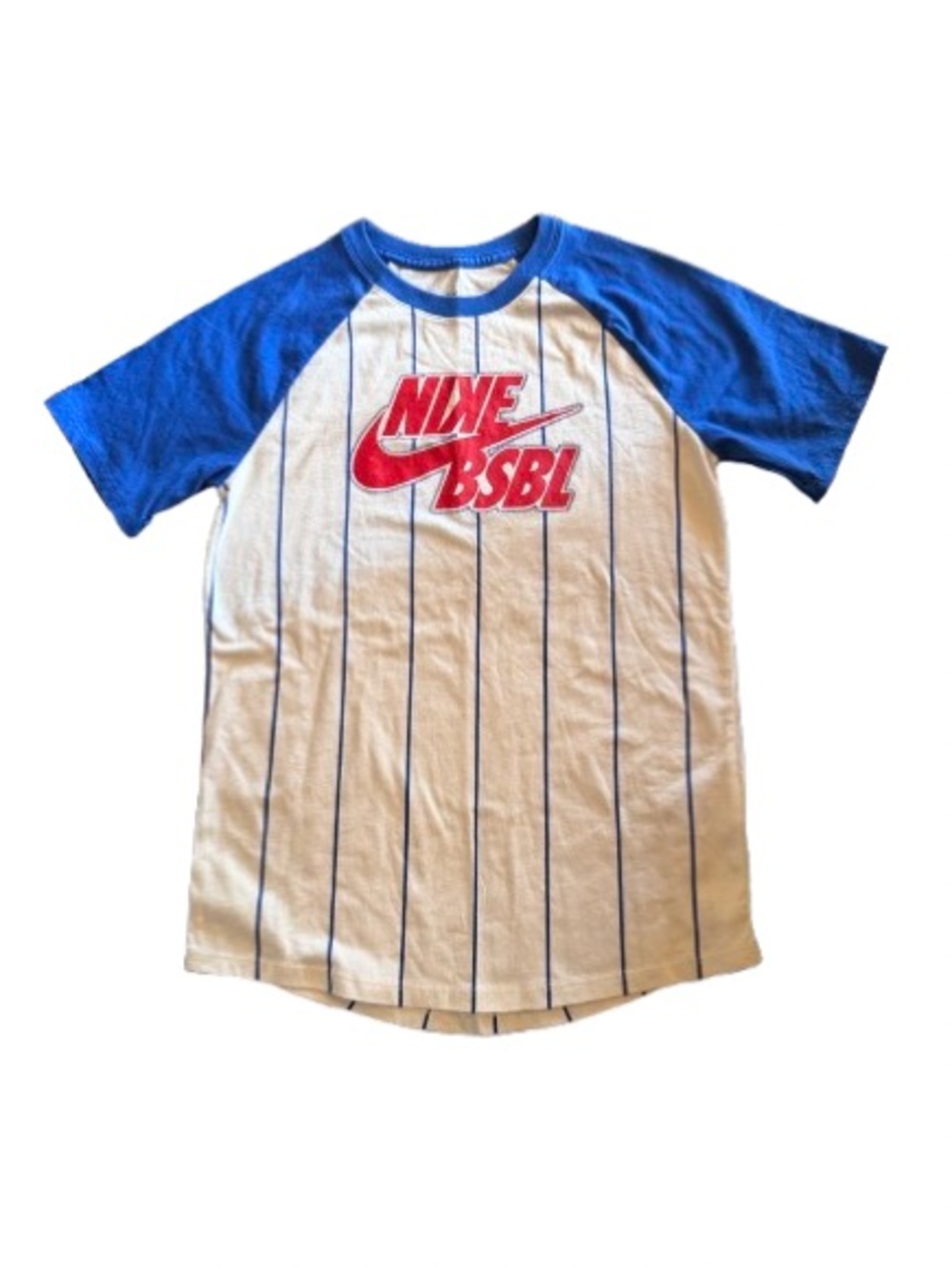 Nike White Tee with Blue Raglan Sleeves and Red Logo